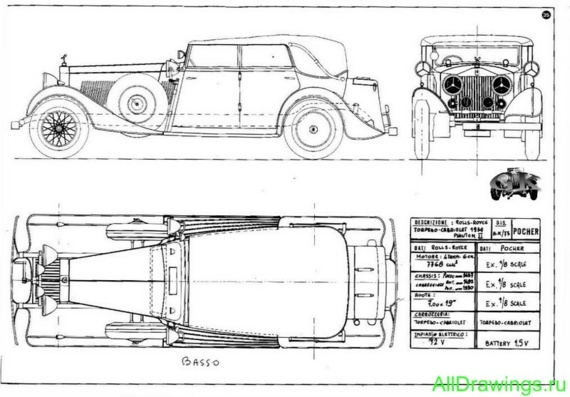 Rolls-Royce Phantom II Torpedo Cabriolet (1934) (Rolls-Royce Phantom 2 Torpedo Cabriolet (1934)) - drawings (drawings) of the car